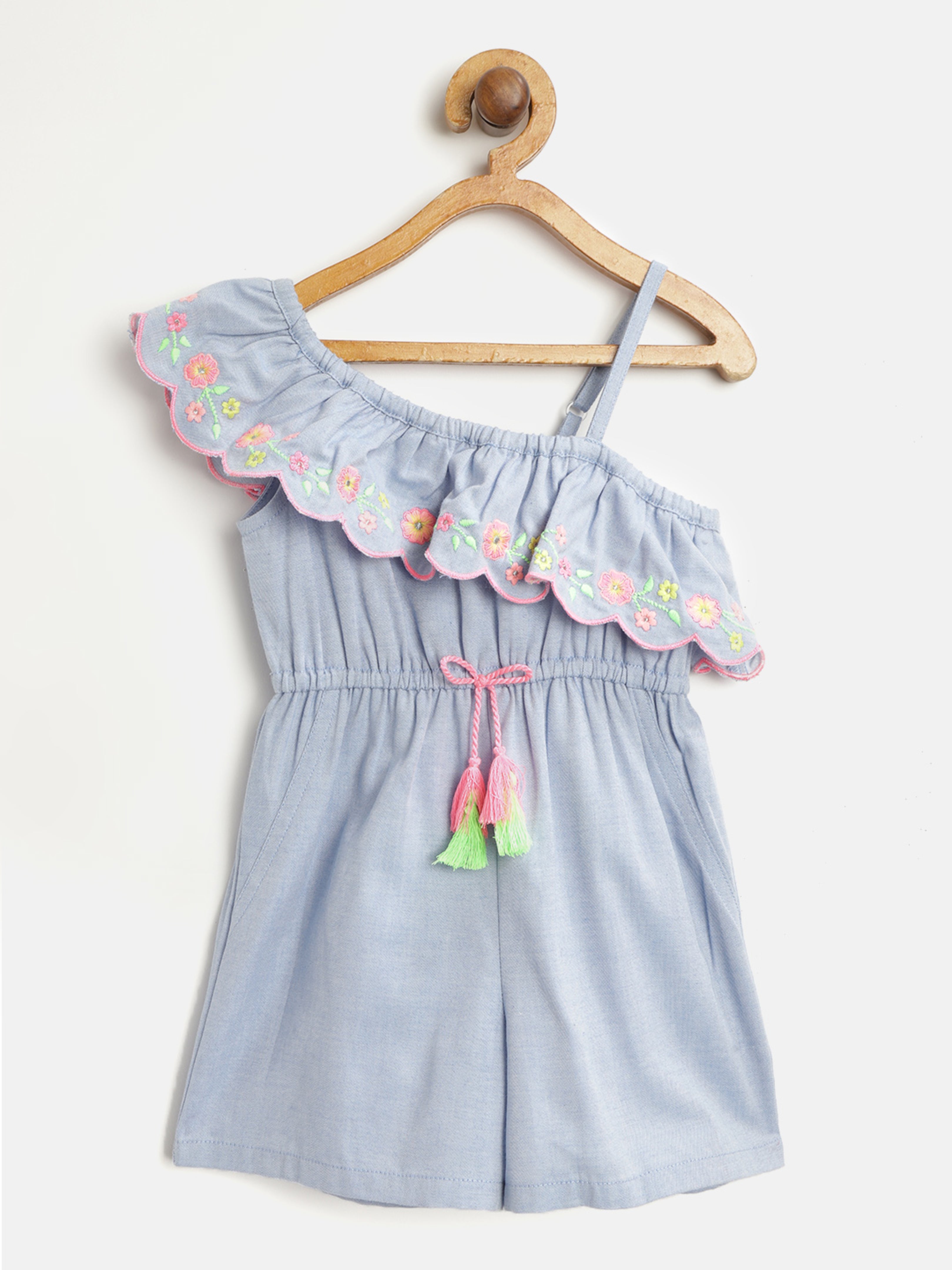 Nautinati Girls Blue Pink Embroidered Detail Playsuit