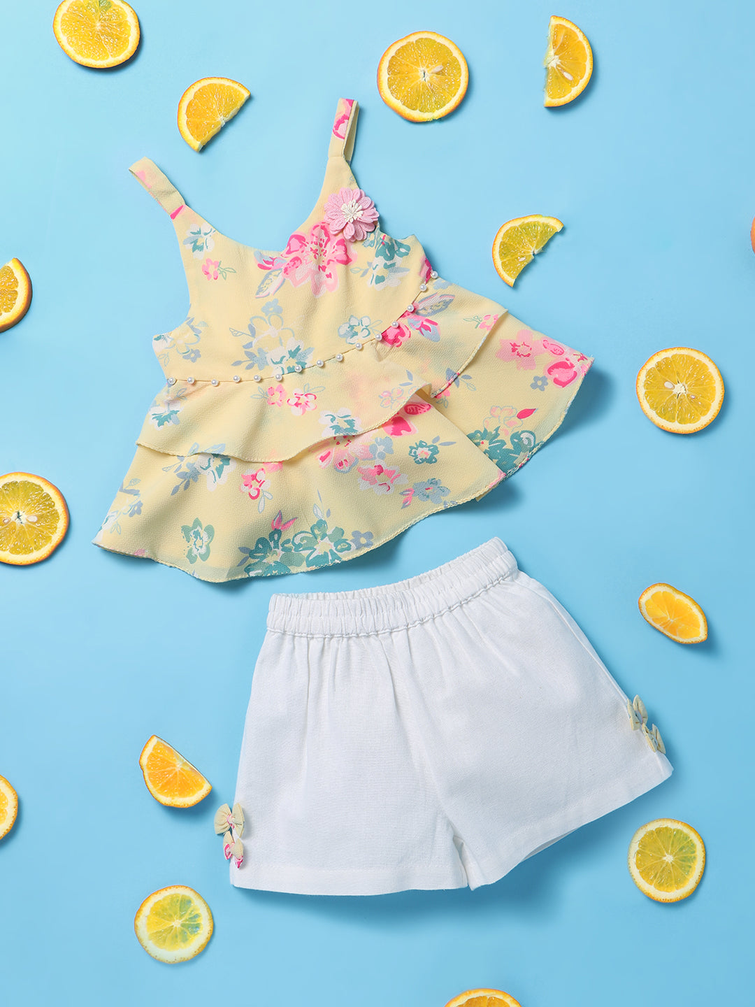Nautinati Girls Yellow White Floral Print A-Line Tiered Top With Shorts