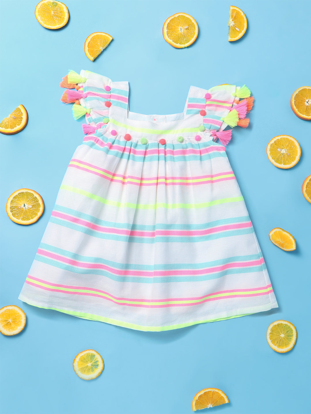 Nautinati Girls White Pink Candy Striped A-Line Dress With Brief