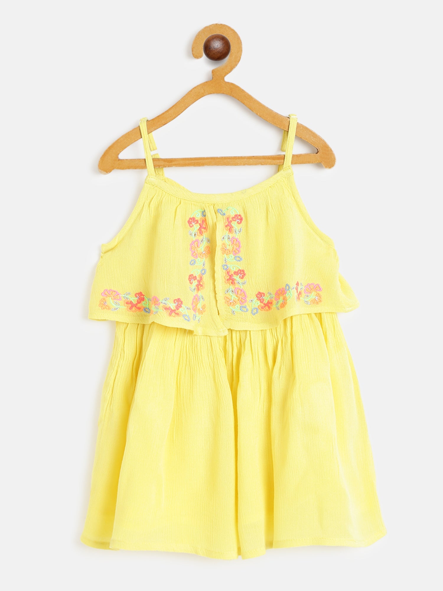 Nautinati Girls Yellow Solid Layered A-Line Dress