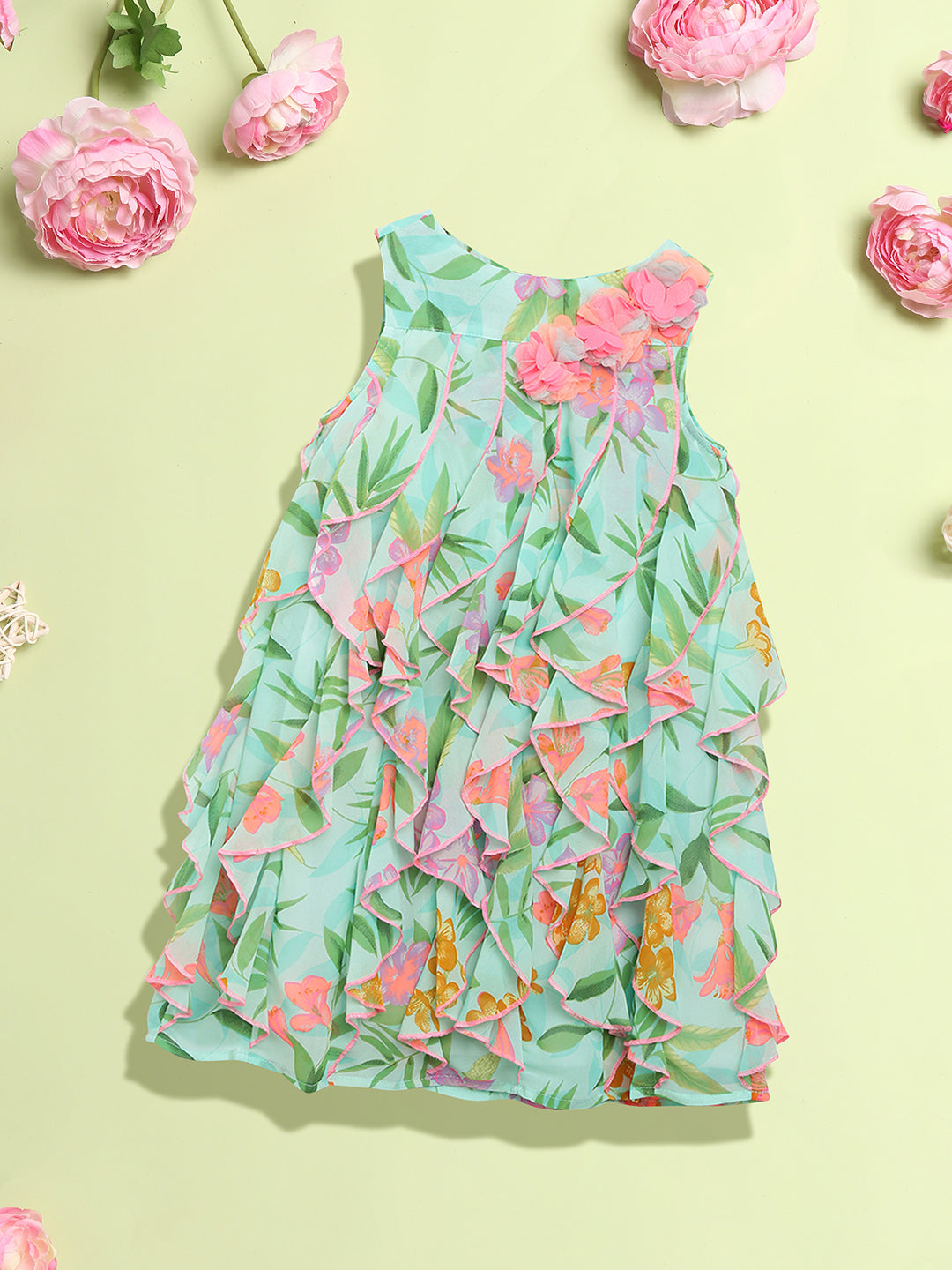 Nautinati Girls Green Pink Ruffled Floral Georgette A-Line Dress