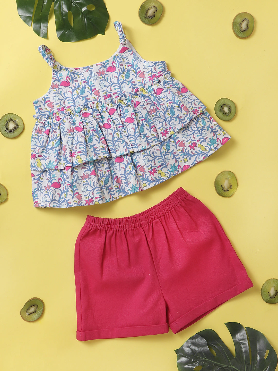 Nautinati Girls Blue Red Printed Top With Shorts