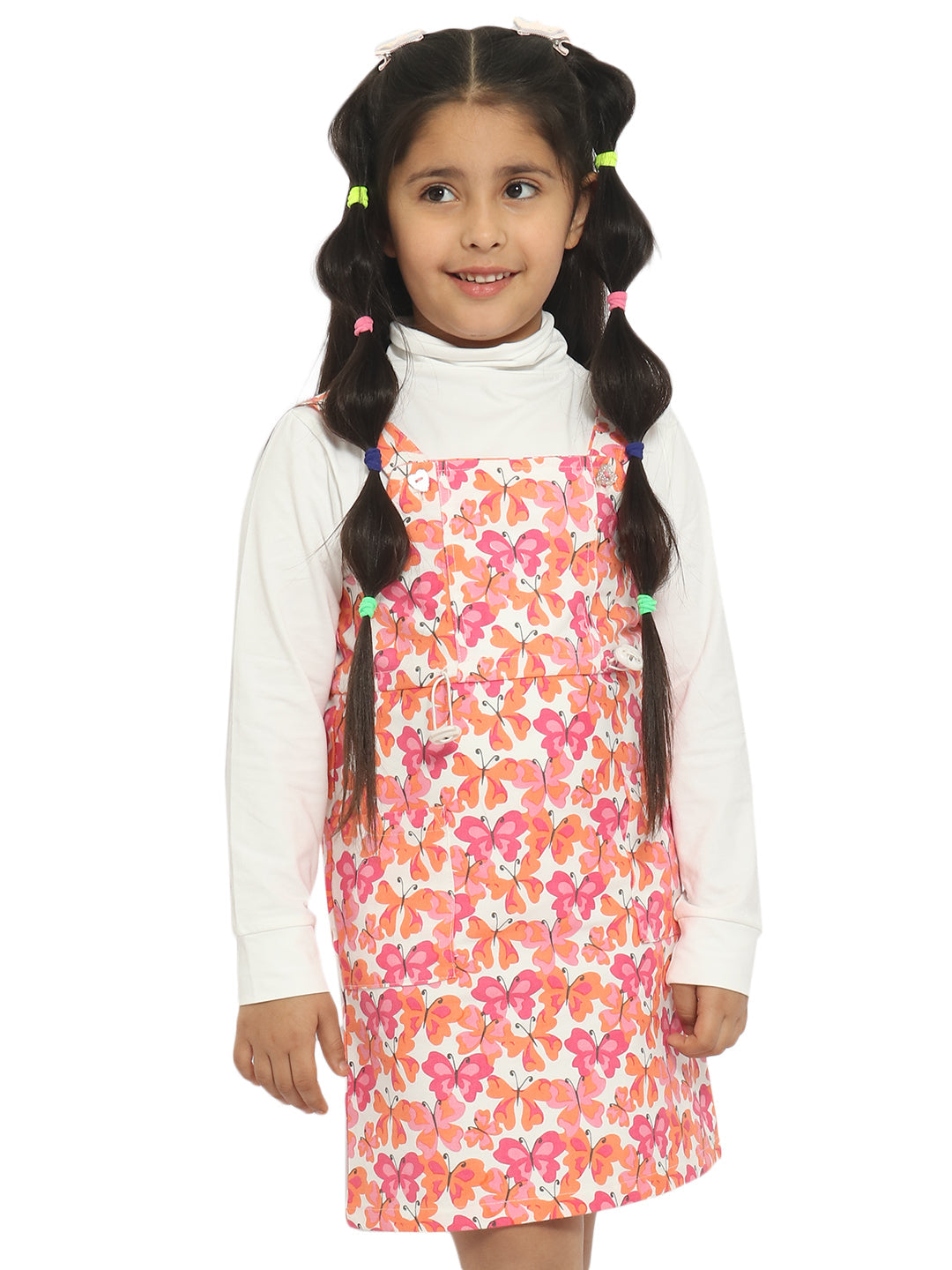 Nautinati Girls Pink White Cotton Floral Print Pinafore Dress