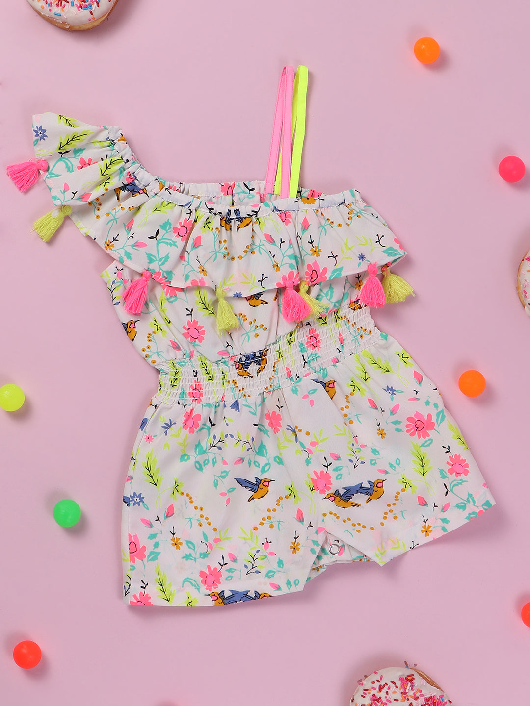 Nautinati Girls White Pink Printed One Shoulder Jumpsuit With Tassels