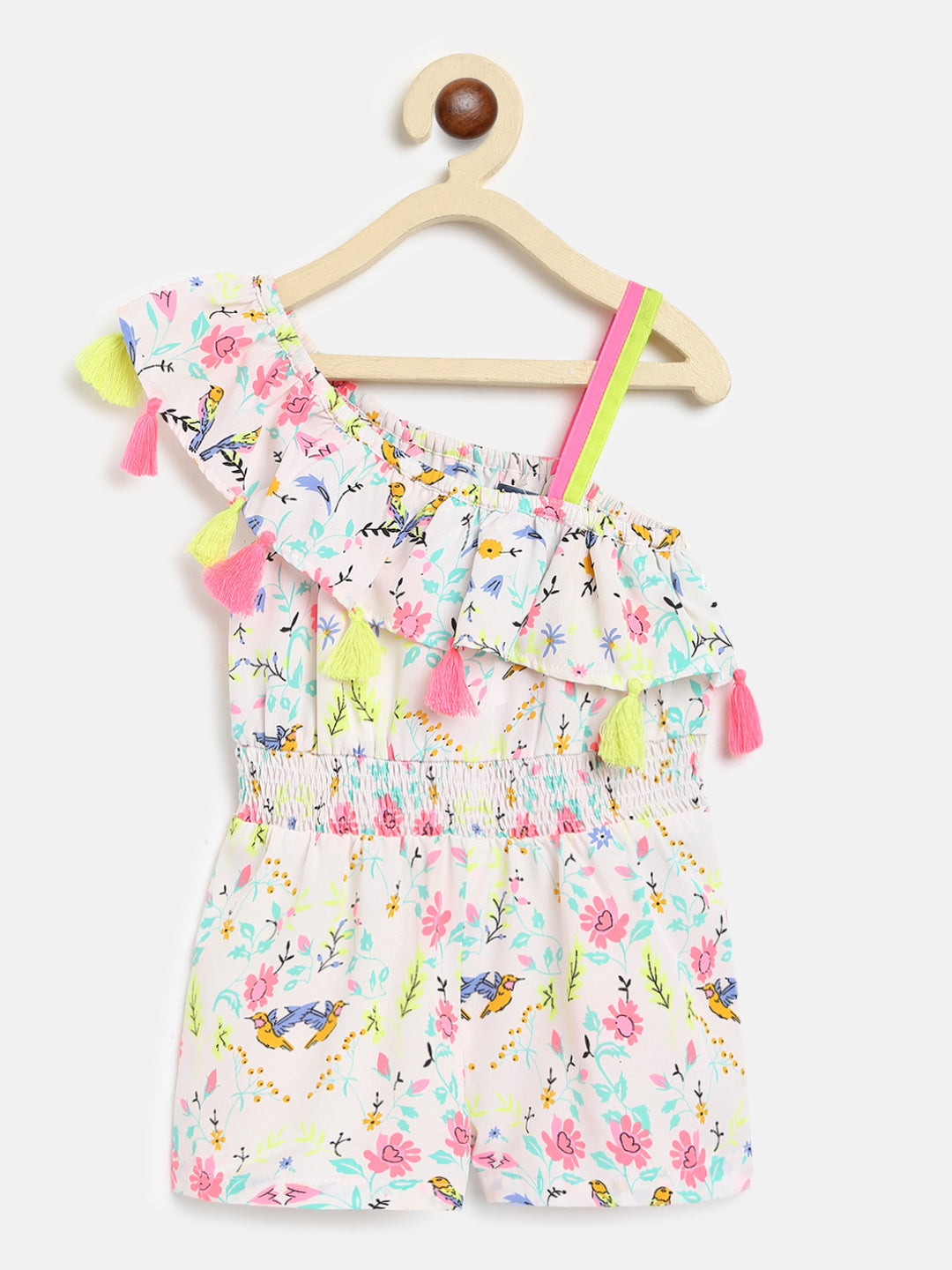 Nautinati Girls White Pink Printed One Shoulder Jumpsuit With Tassels