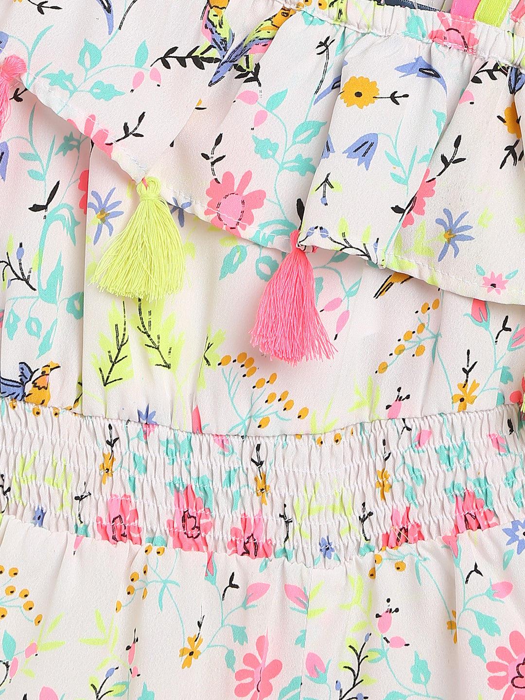 Nautinati Girls White Pink Printed One Shoulder Jumpsuit With Tassels