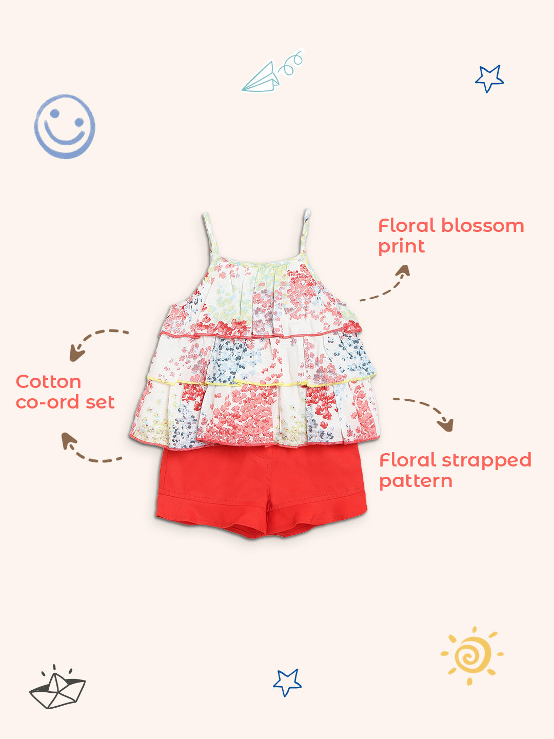 Nautinati Girls Red White Printed Top With Shorts