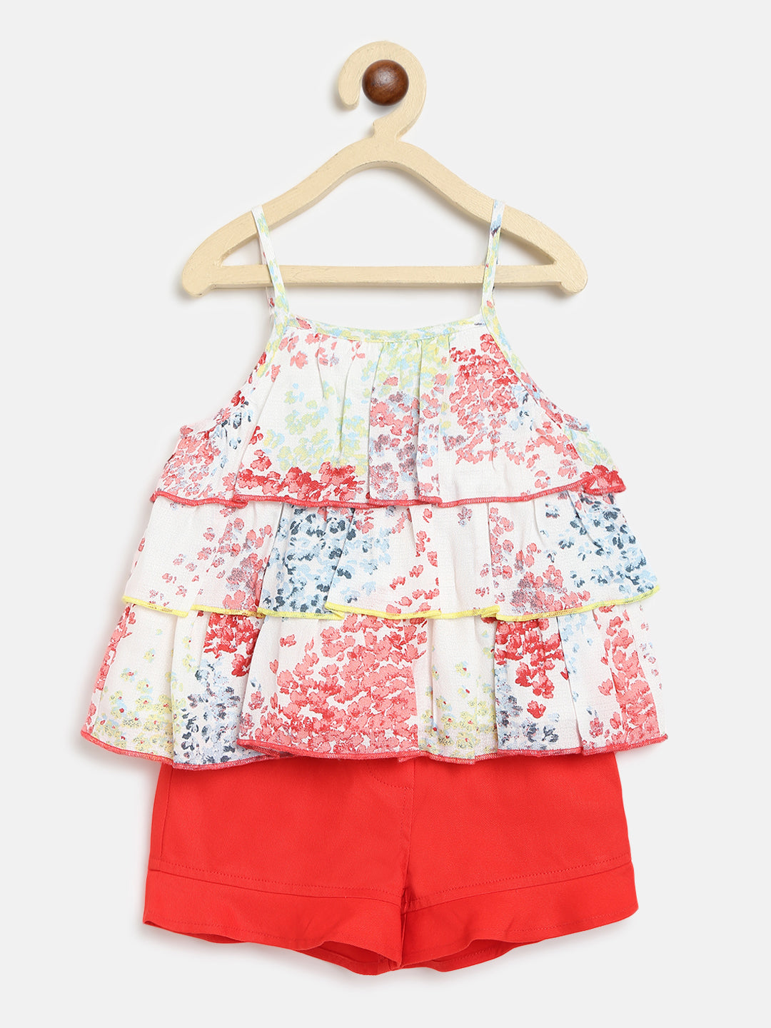 Nautinati Girls Red White Printed Top With Shorts