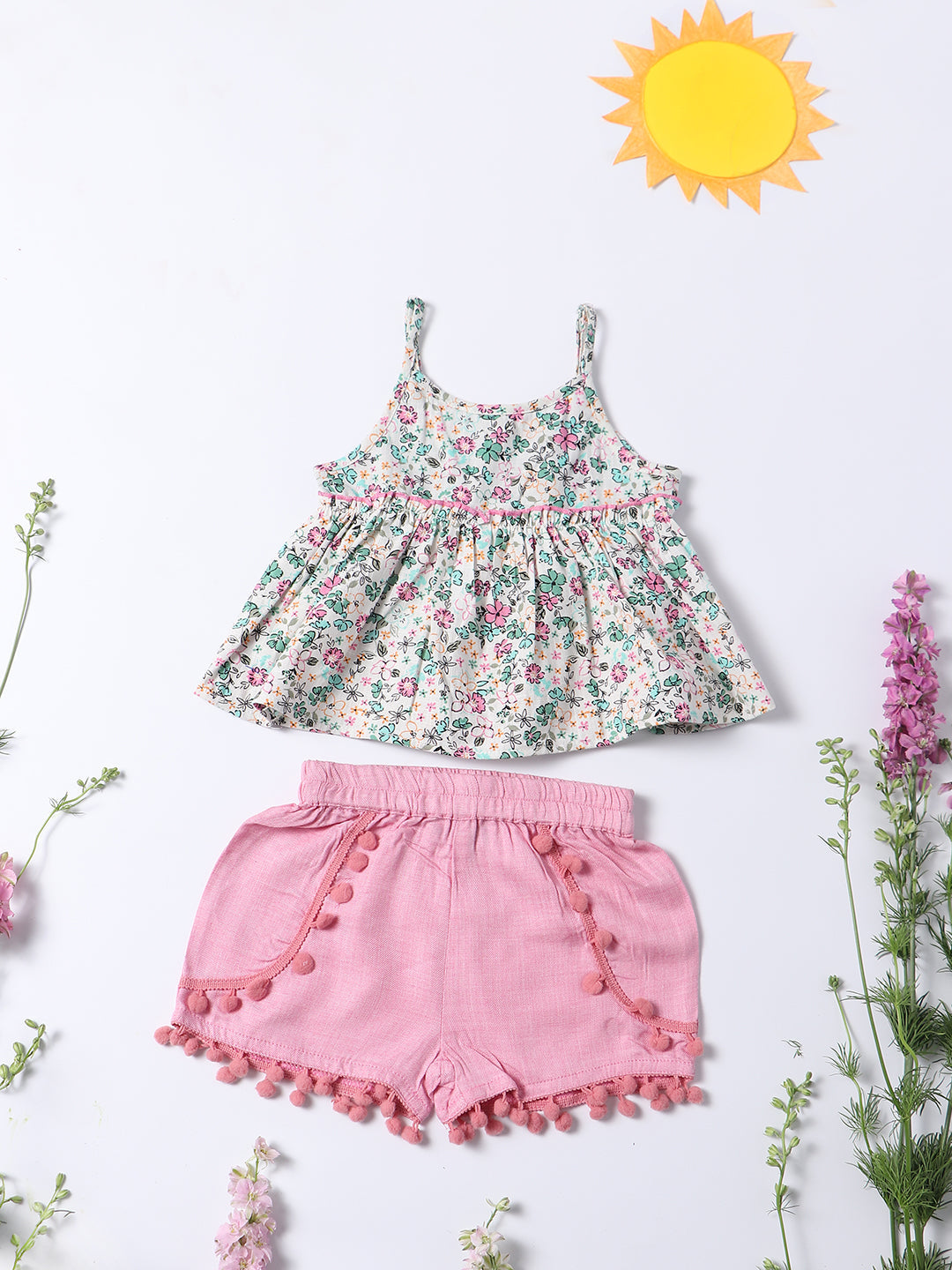 Nautinati Girls White Pink Printed Pure Cotton Top With Shorts