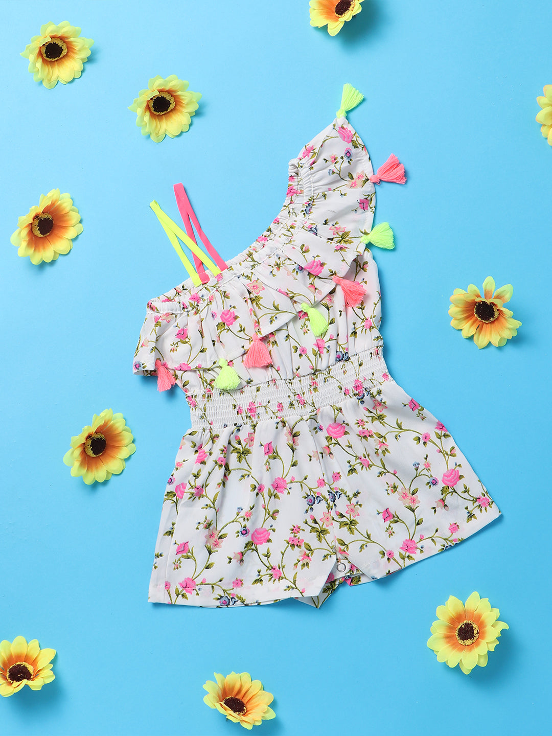 Nautinati Girls Cream-Coloured Green Printed One Shoulder Basic Jumpsuit