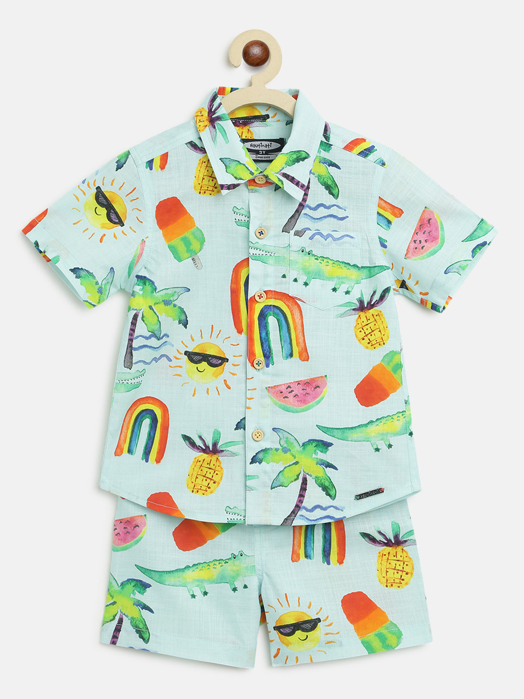 Nautinati Boys Turquoise Blue Orange Printed Pure Cotton Shirt With Shorts