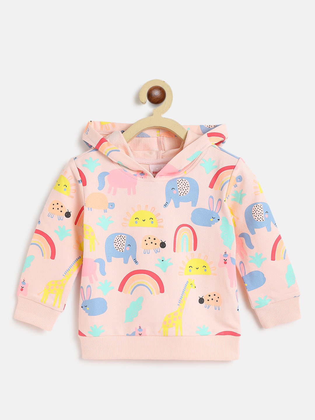 Nautinati Girls Pink Printed Hooded Pure Cotton Sweatshirt