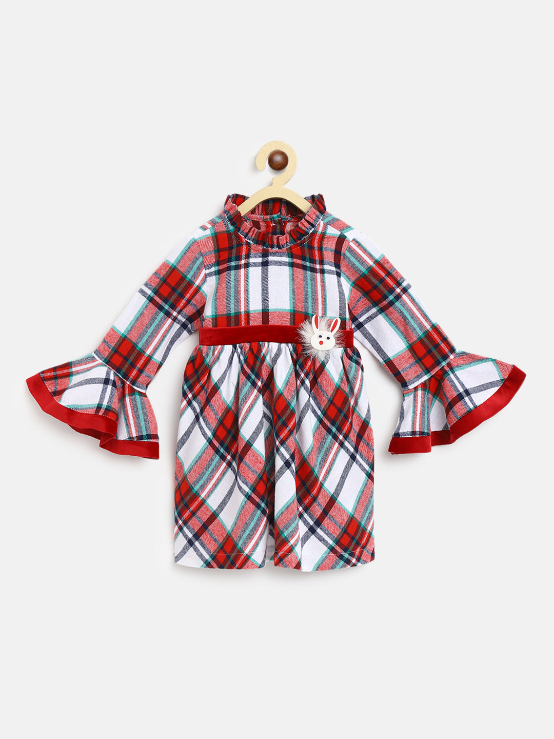 Nautinati Girls White Red Checked A-Line Cotton Dress