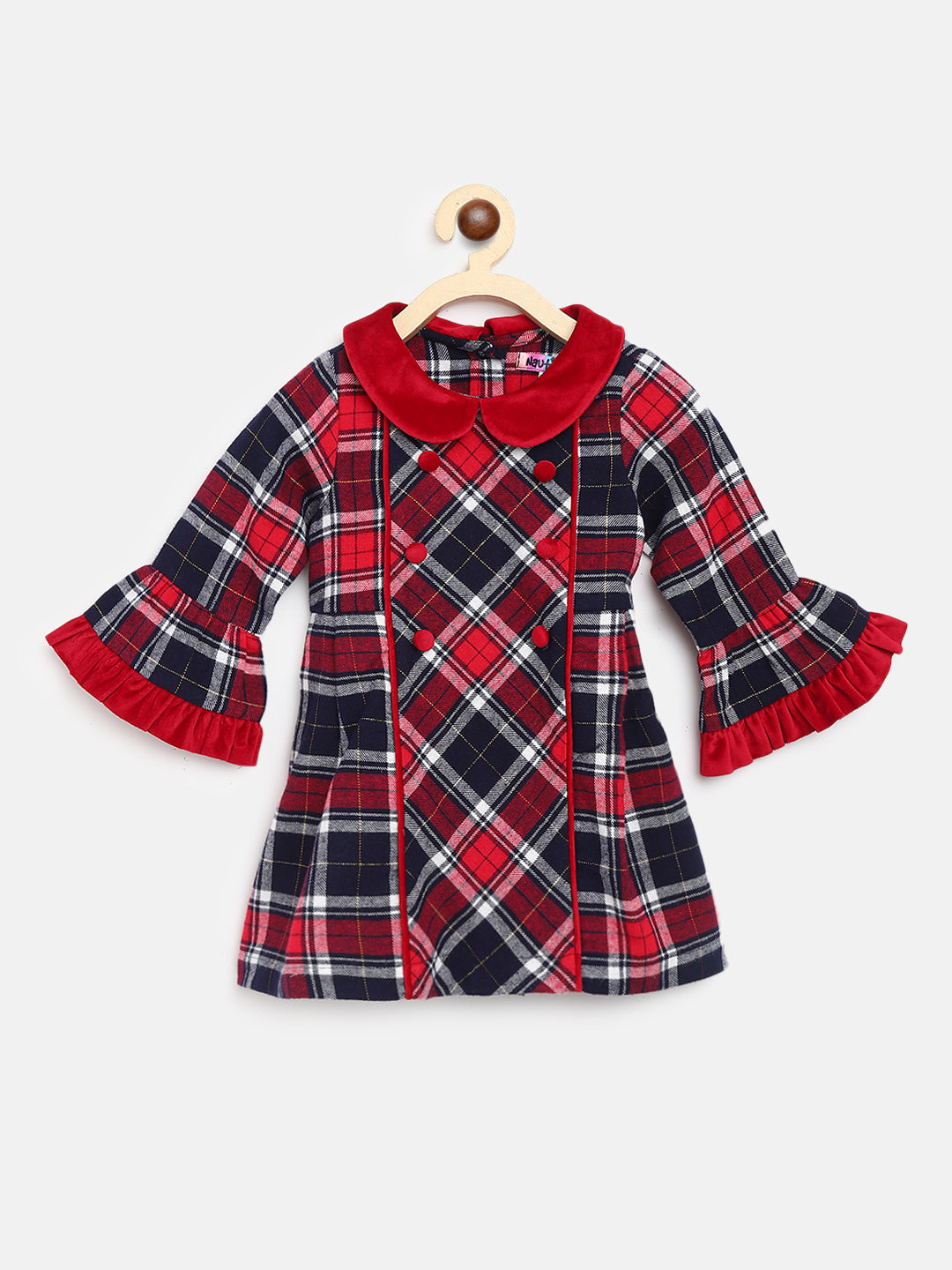 Nautinati Girl Red Checked Peter Pan Collar A-Line Cotton Dress