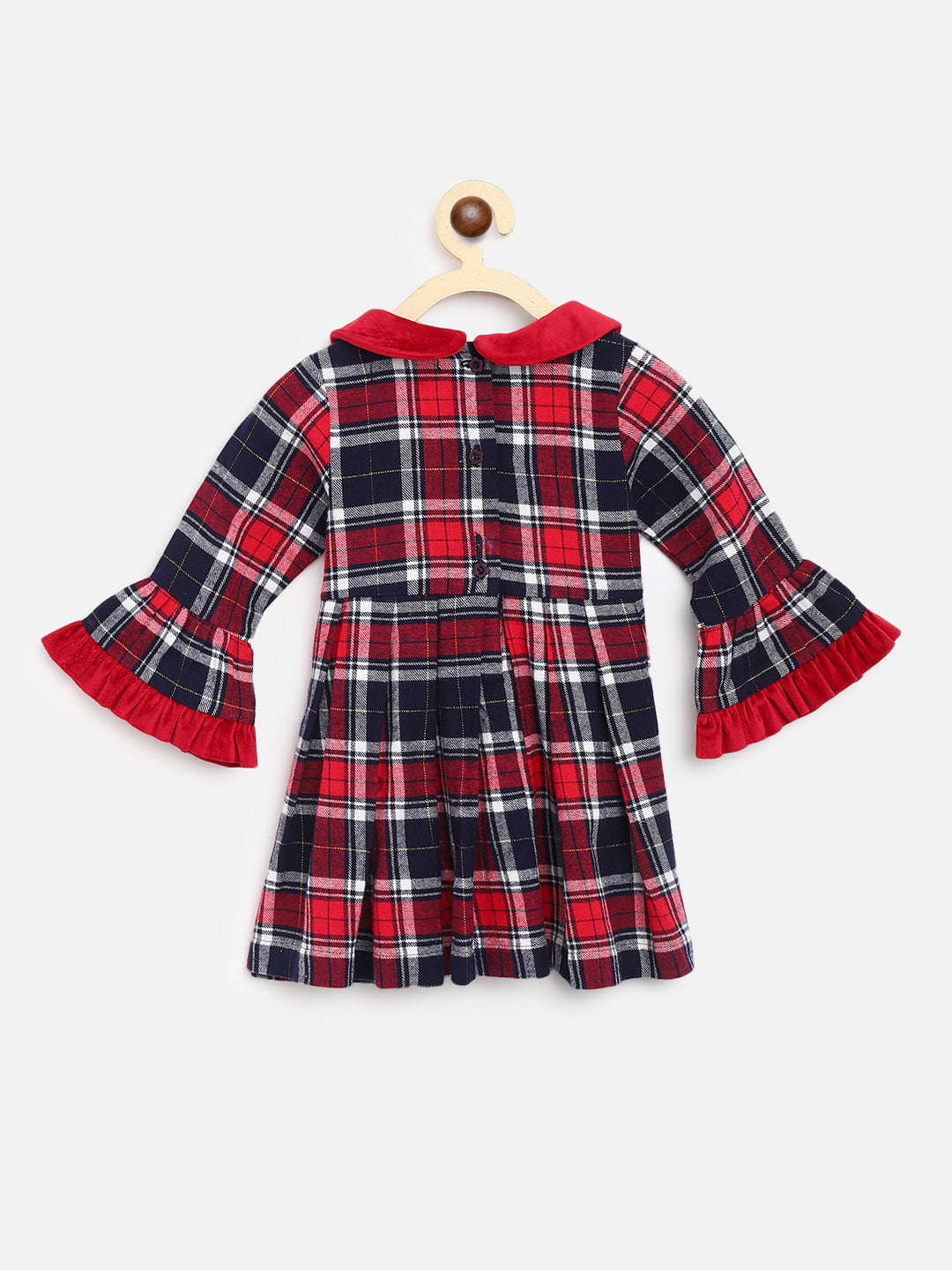 Nautinati Girl Red Checked Peter Pan Collar A-Line Cotton Dress