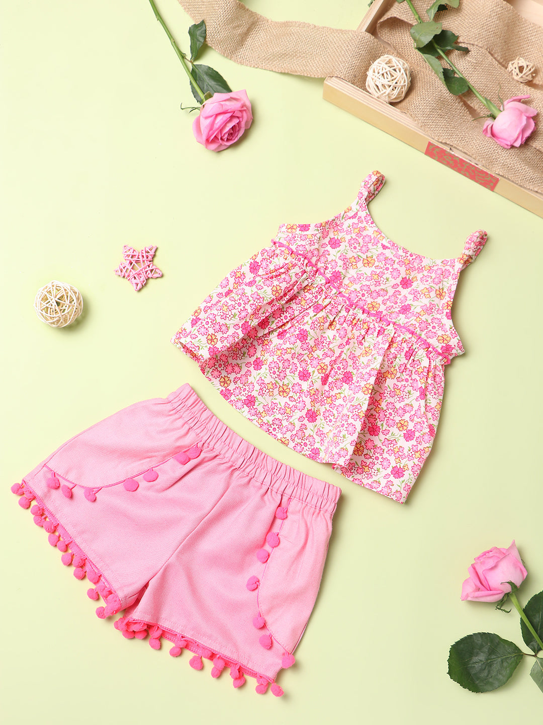 Nautinati Girls Pink White Printed Top With Shorts