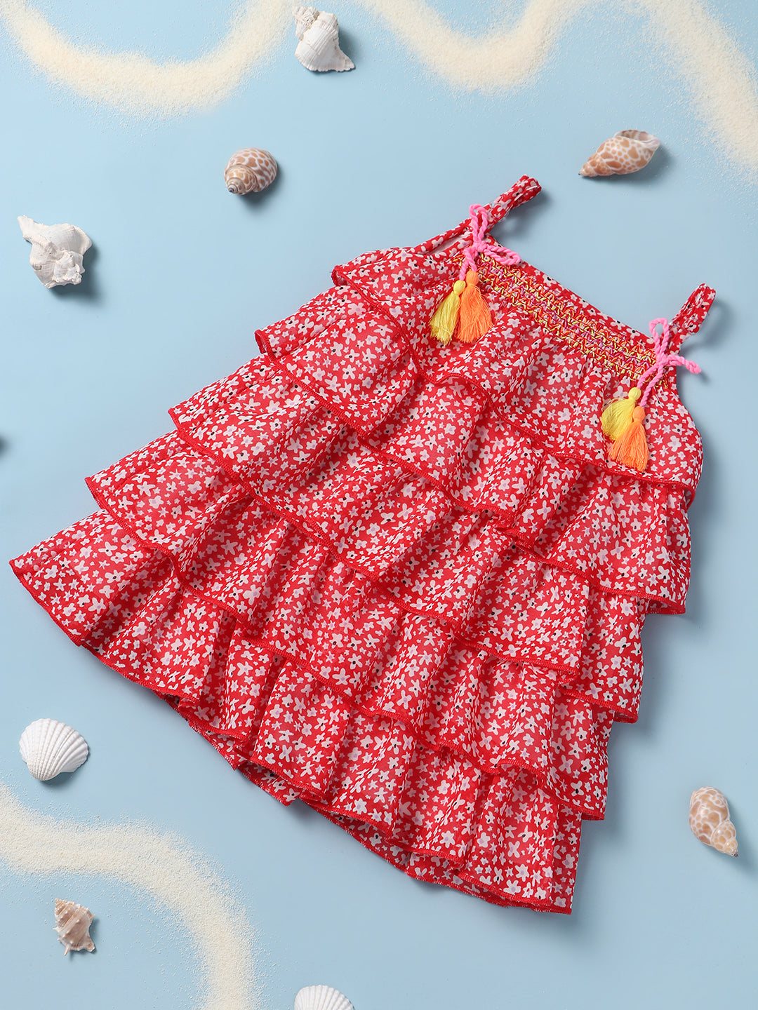 Nautinati Red Floral Printed Layered A-Line Dress