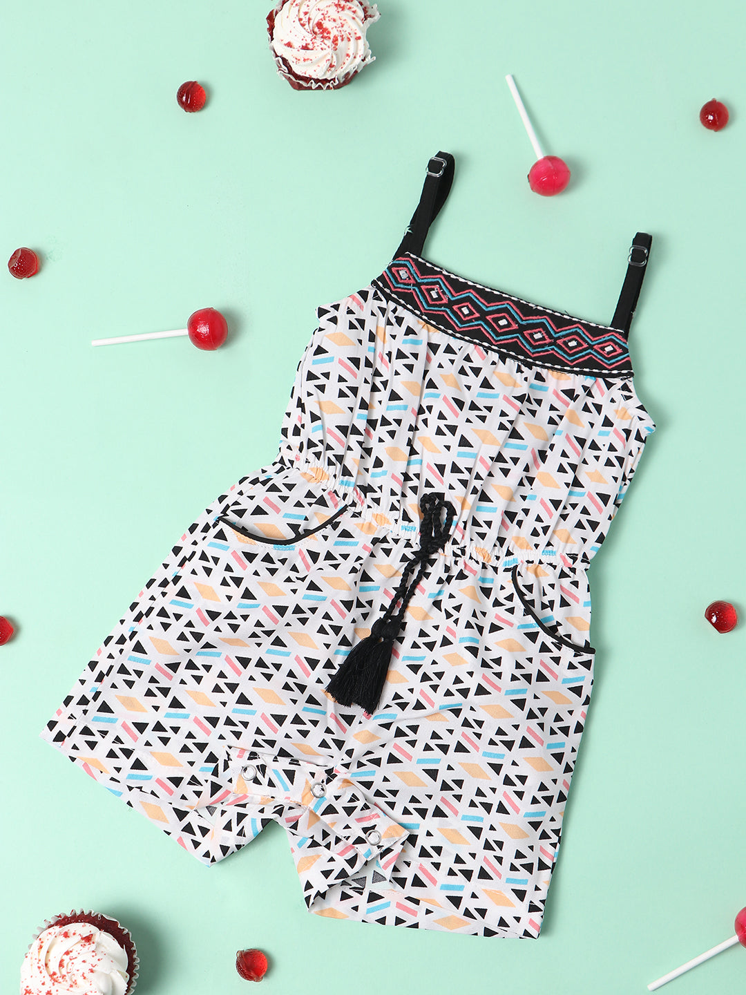 Nautinati Girls White Black Printed Jumpsuit