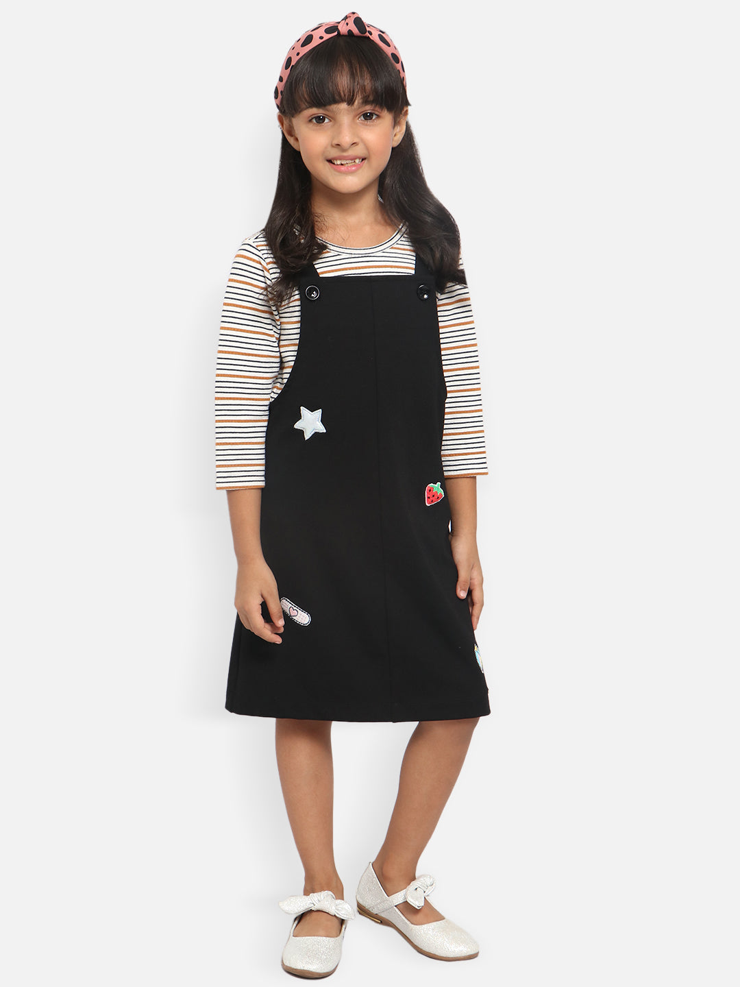 Nautinati Girls Black Solid Dungaree With Striped T-Shirt