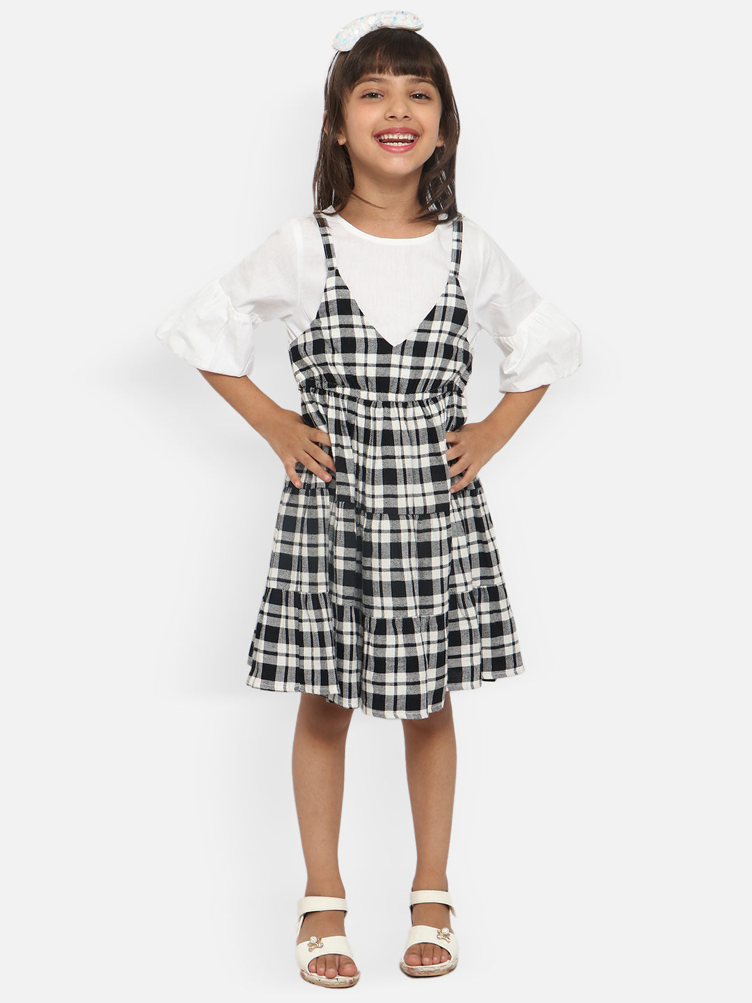 Nautinati Black White Checked Cotton Pinafore Set Dress