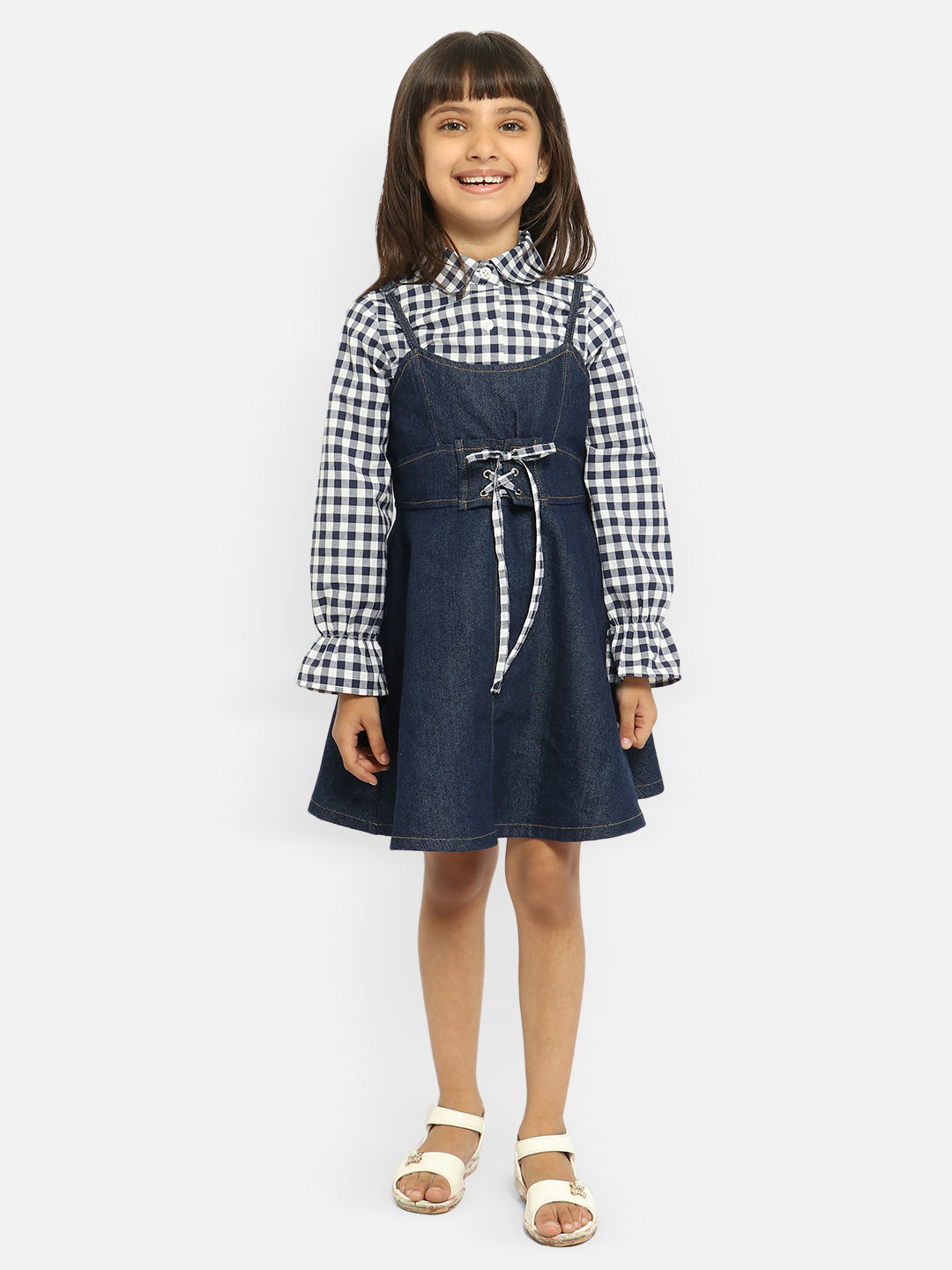 Nautinati Girls Blue White Sleeveless Pinafore Cotton Dress