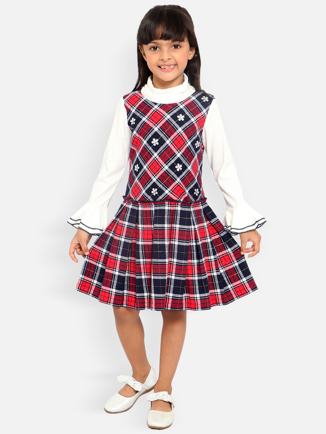 Nautinati Red Black Checked Pinafore Dress With Attached White High Neck Top