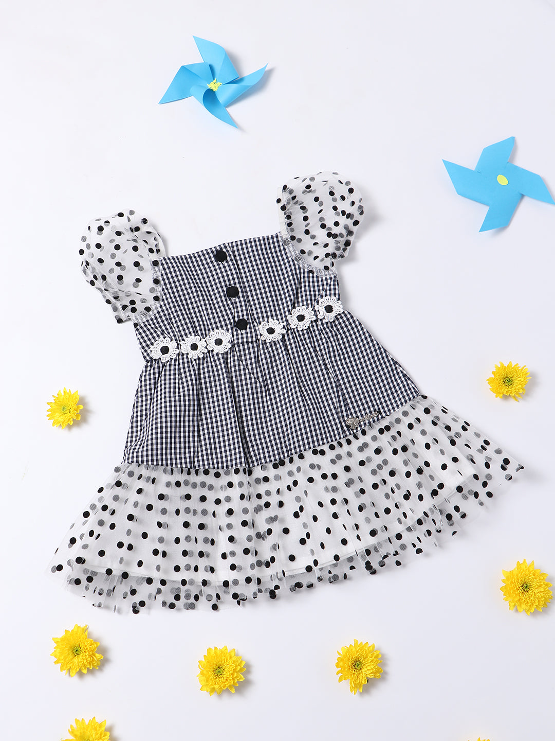 Nautinati Girls Puff Sleeve Checked Cotton Dress