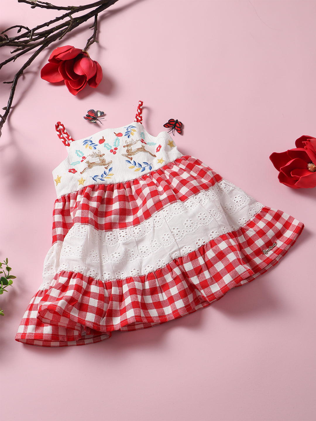 Nautinati Girls Checked Embroidered Detail Schiffli Tiered Fit Flare Dress