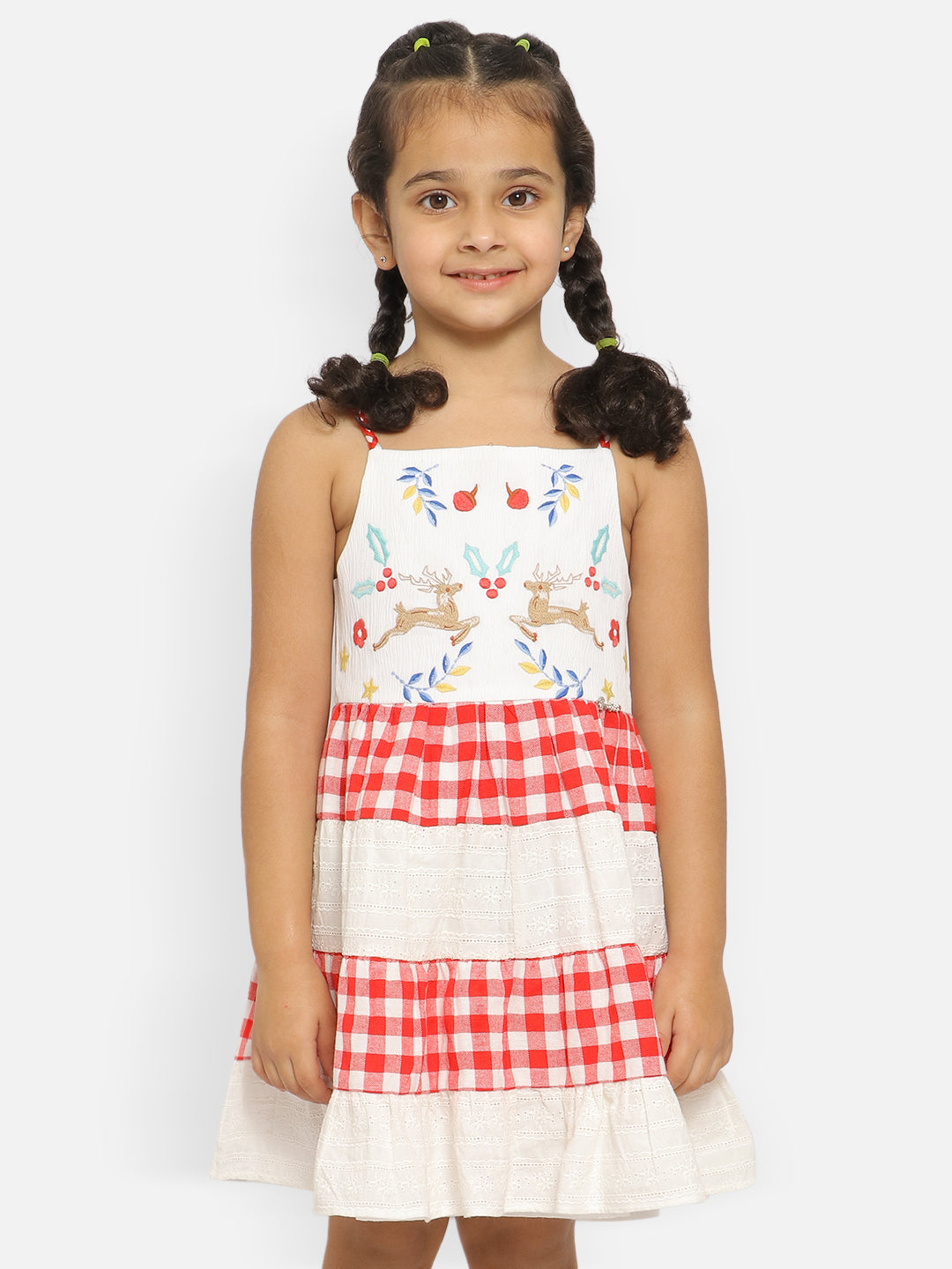 Nautinati Girls Raindeer Embroidered Shoulder Straps Crepe Dress