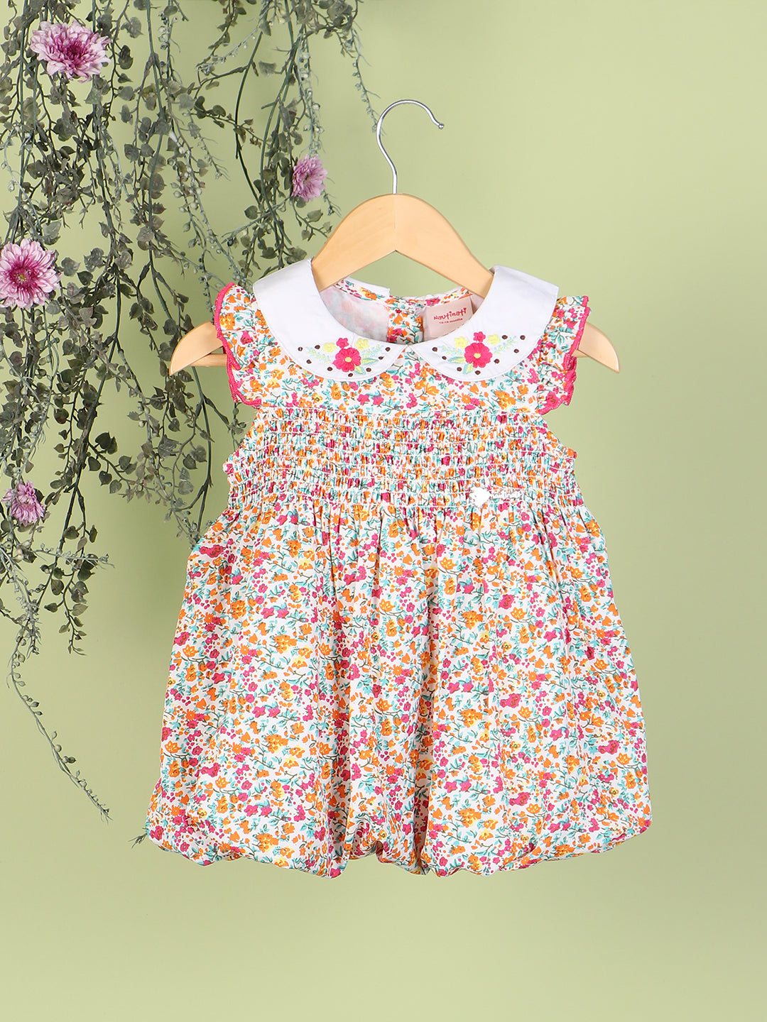 Nautinati Girls Floral Printed Smocked Peter Pan Collar Balloon Dress