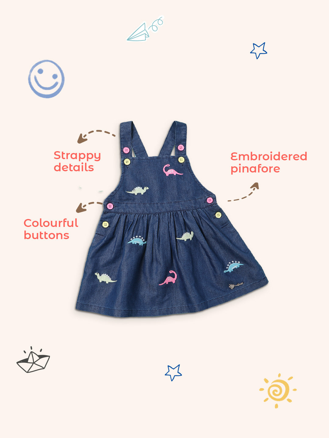 Nautinati Girls Conversational Embroidered Cotton Denim Pinafore Dress