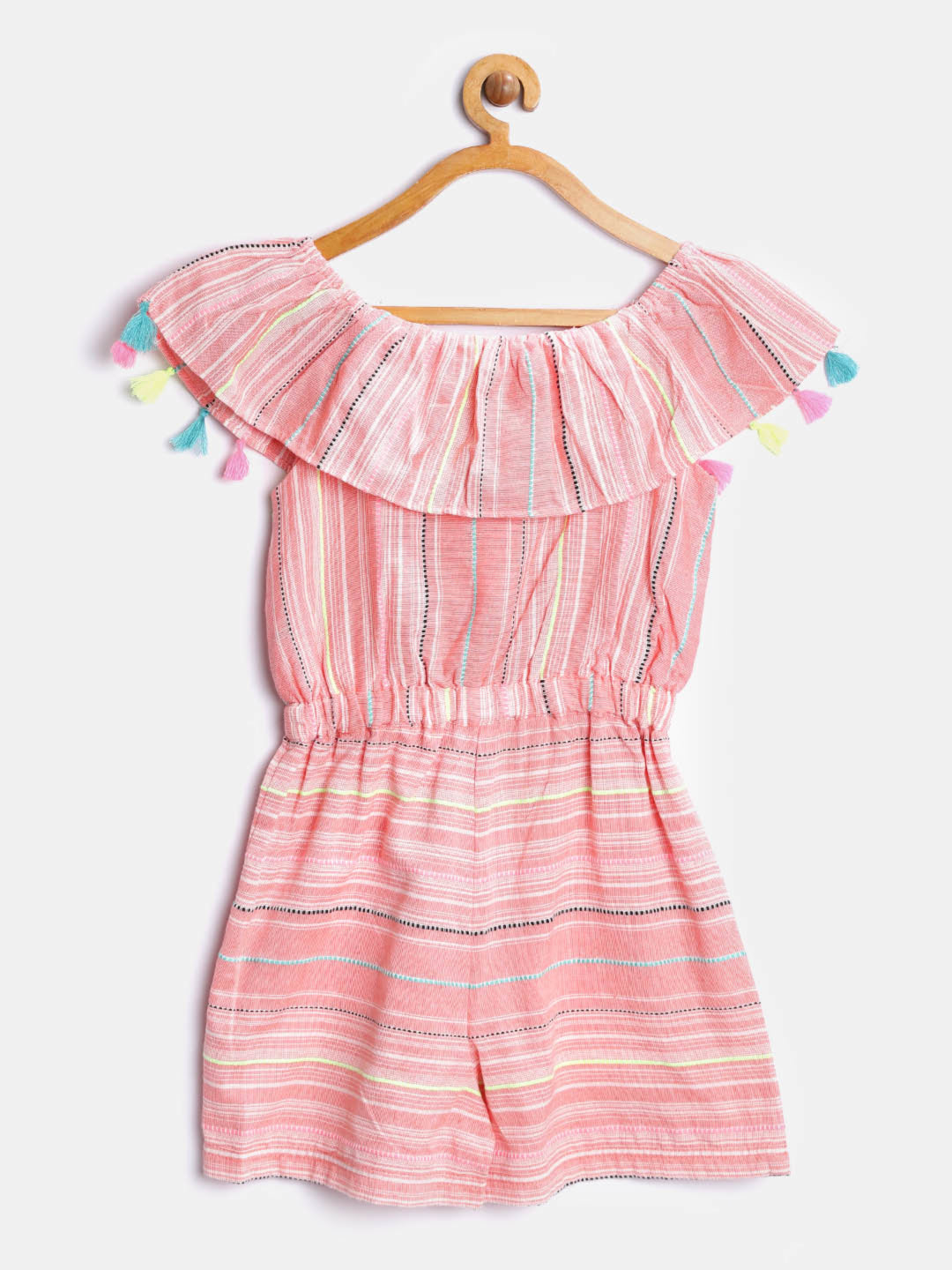Nautinati Girls Peach Stripes Sleeveless Cotton Jumpsuit