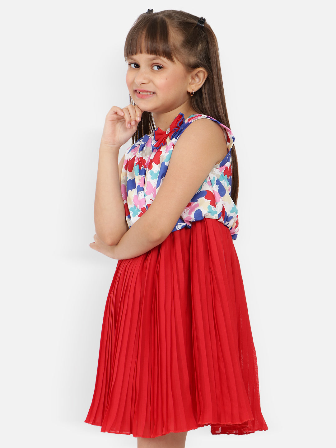 Nautinati Girls Floral Printed Gathered Or Pleated Fit Flare Dress