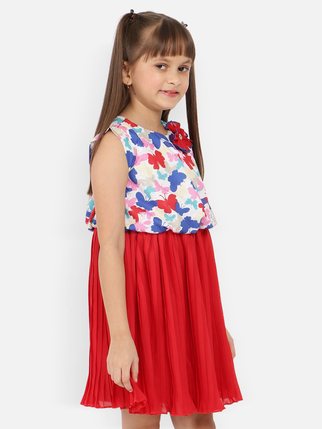 Nautinati Girls Floral Printed Gathered Or Pleated Fit Flare Dress