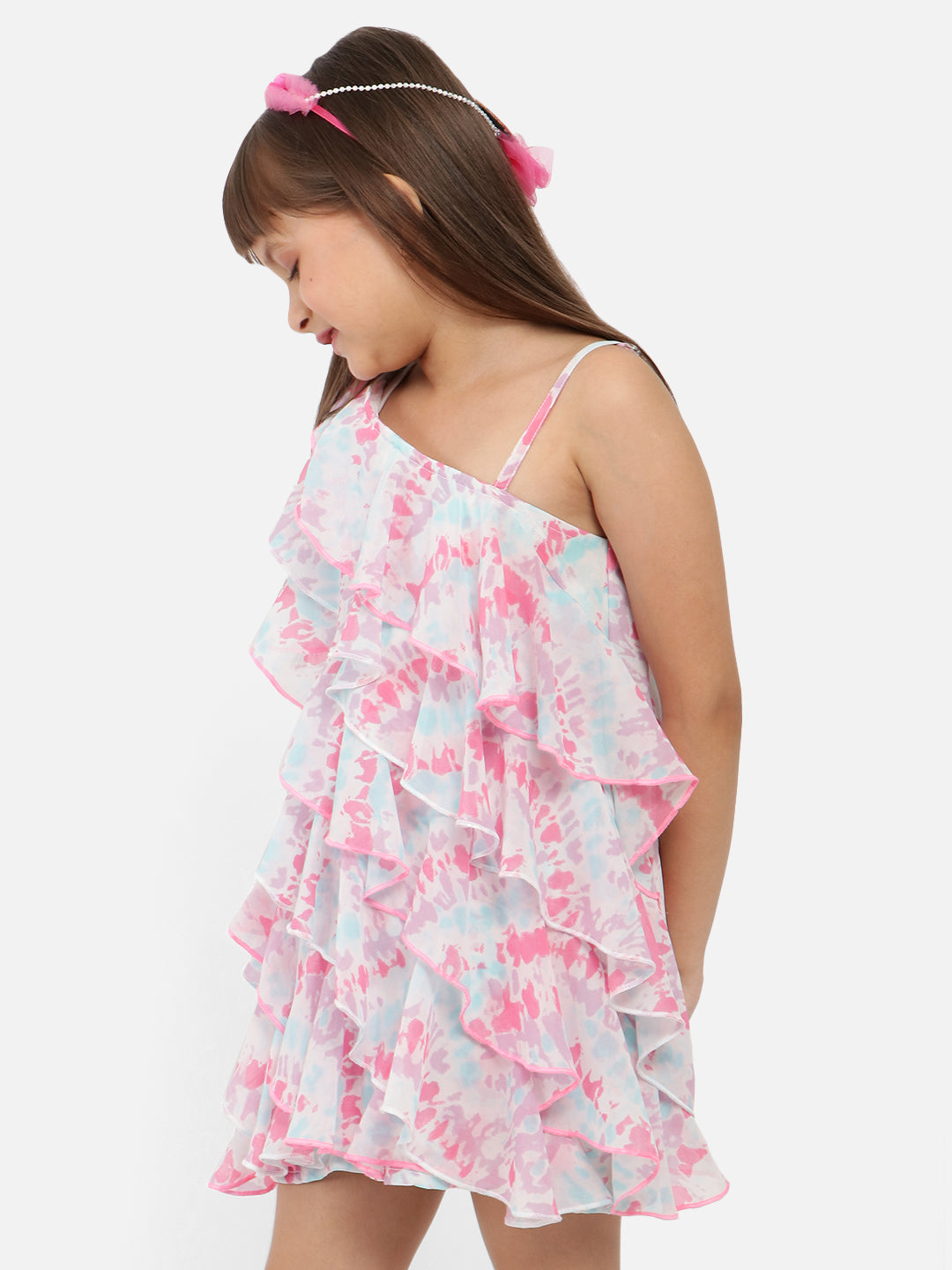 Nautinati Floral Printed One Shoulder Ruffled Georgette A-Line Dress