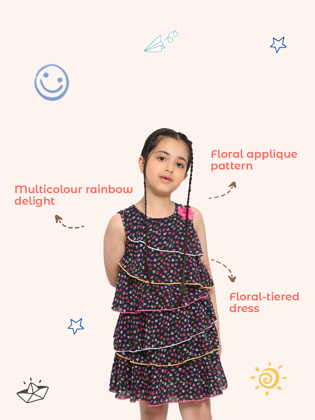 Nautinati Girls Floral Printed Layered A-Line Dress