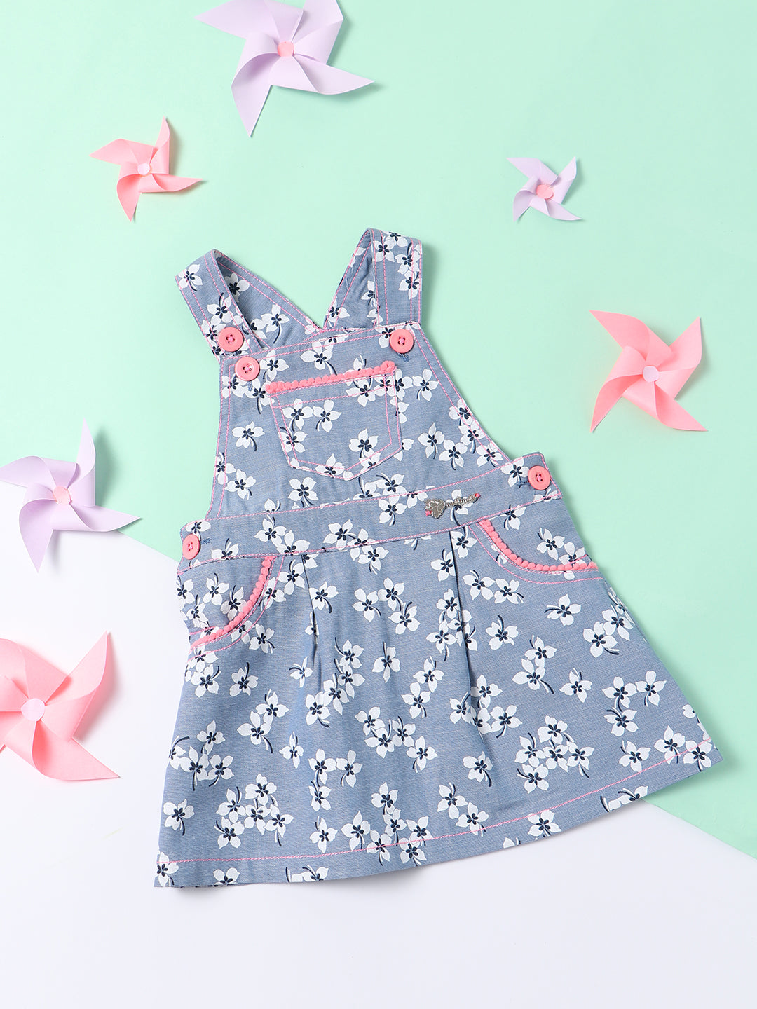 Nautinati Girls Floral Printed Pure Cotton Pinafore Dress