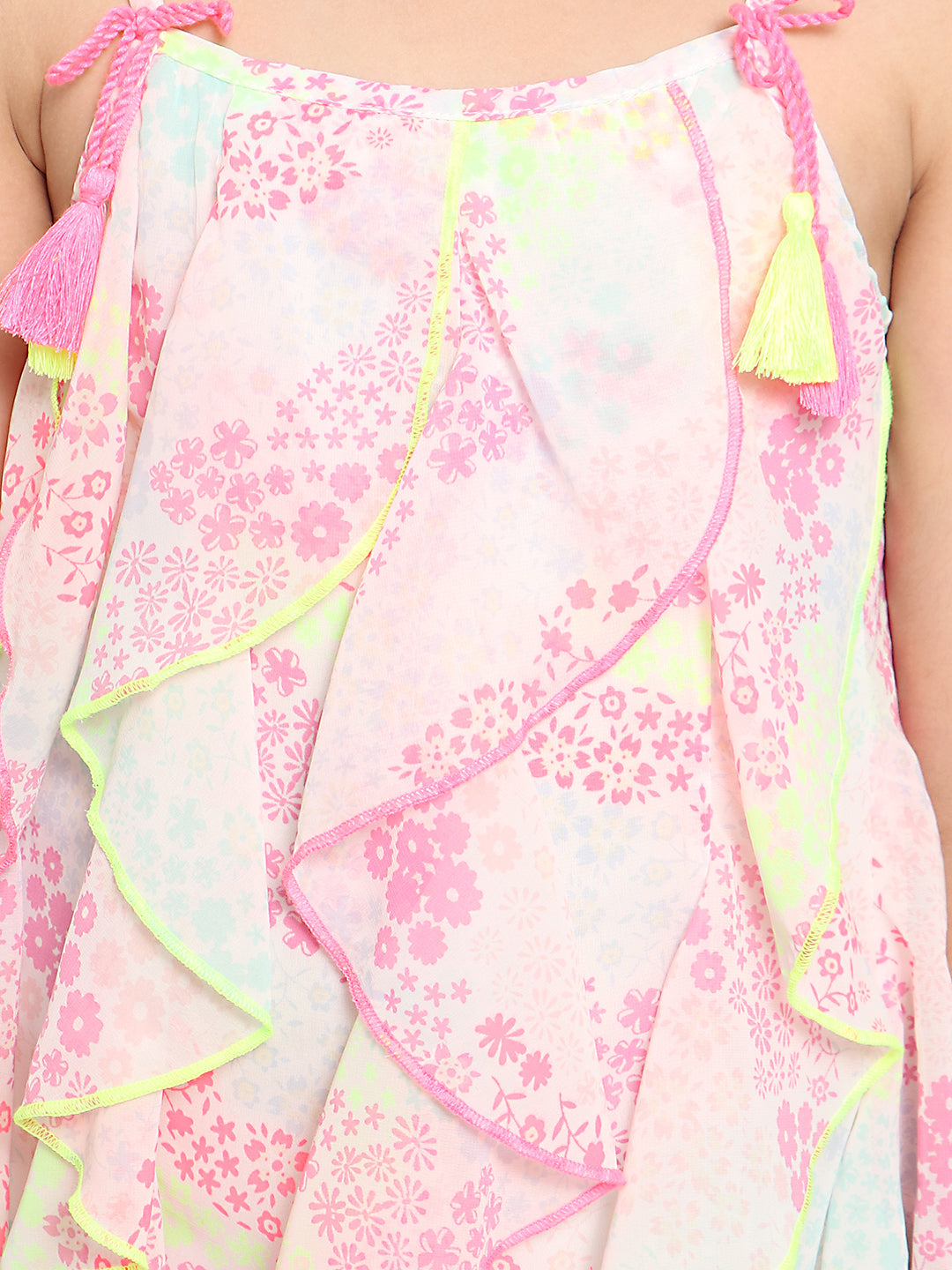 Nautinati Girls Floral Printed Ruffled Georgette A-Line Dress