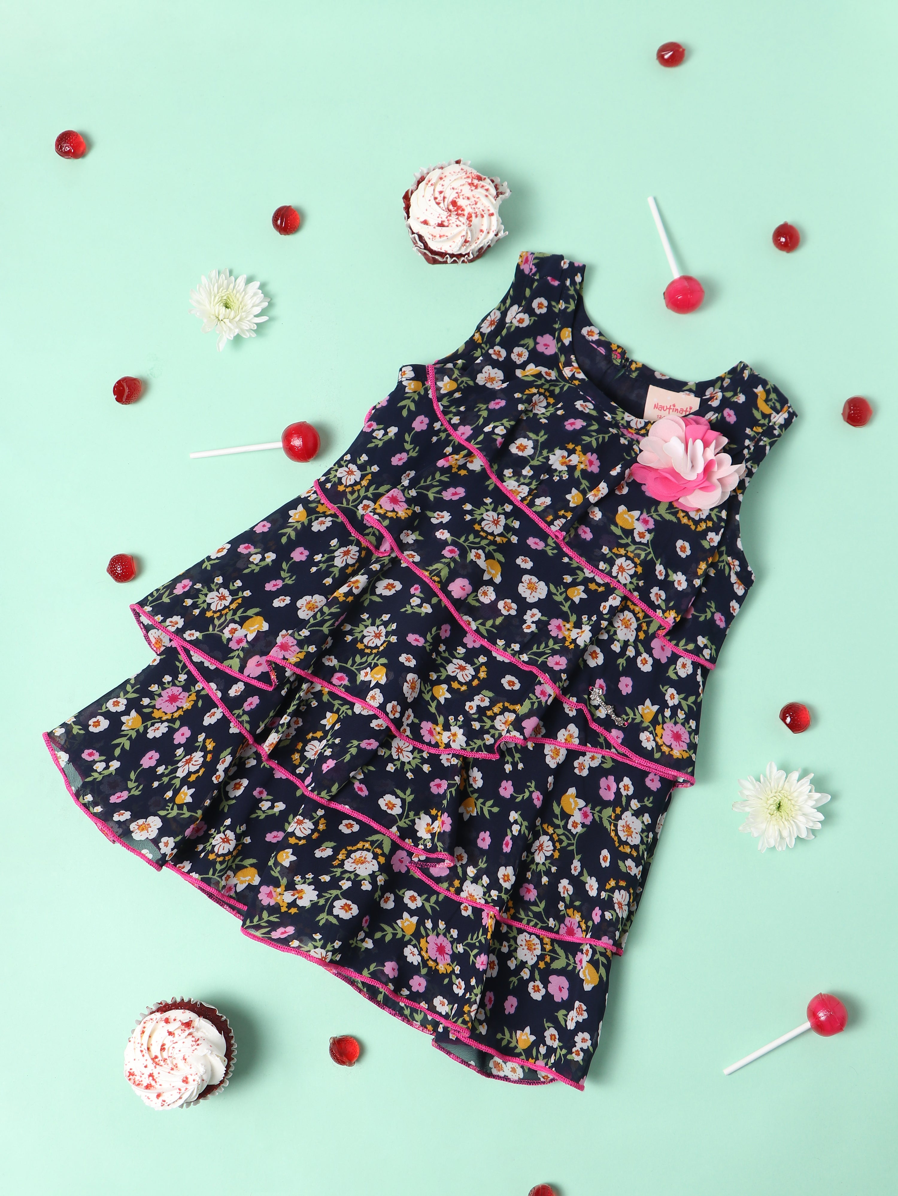 Nautinati Girls Floral Printed Layered A-Line Dress