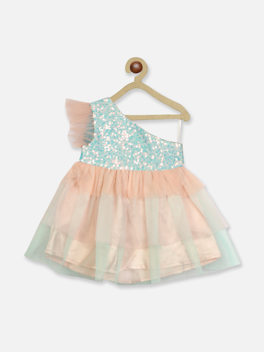 Nautinati Girls Embellished Sequined Layered Net Fit Flare Dress