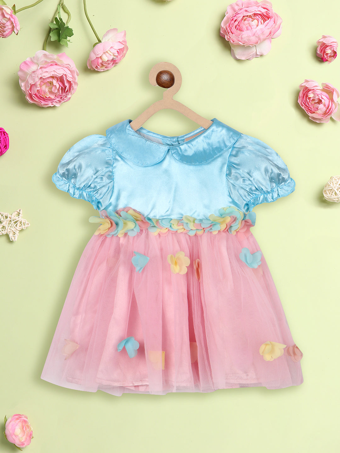 Nautinati Girls Floral Corsage Peter Pan Collar Puff Sleeve Net Tulle Fit Flare Dress