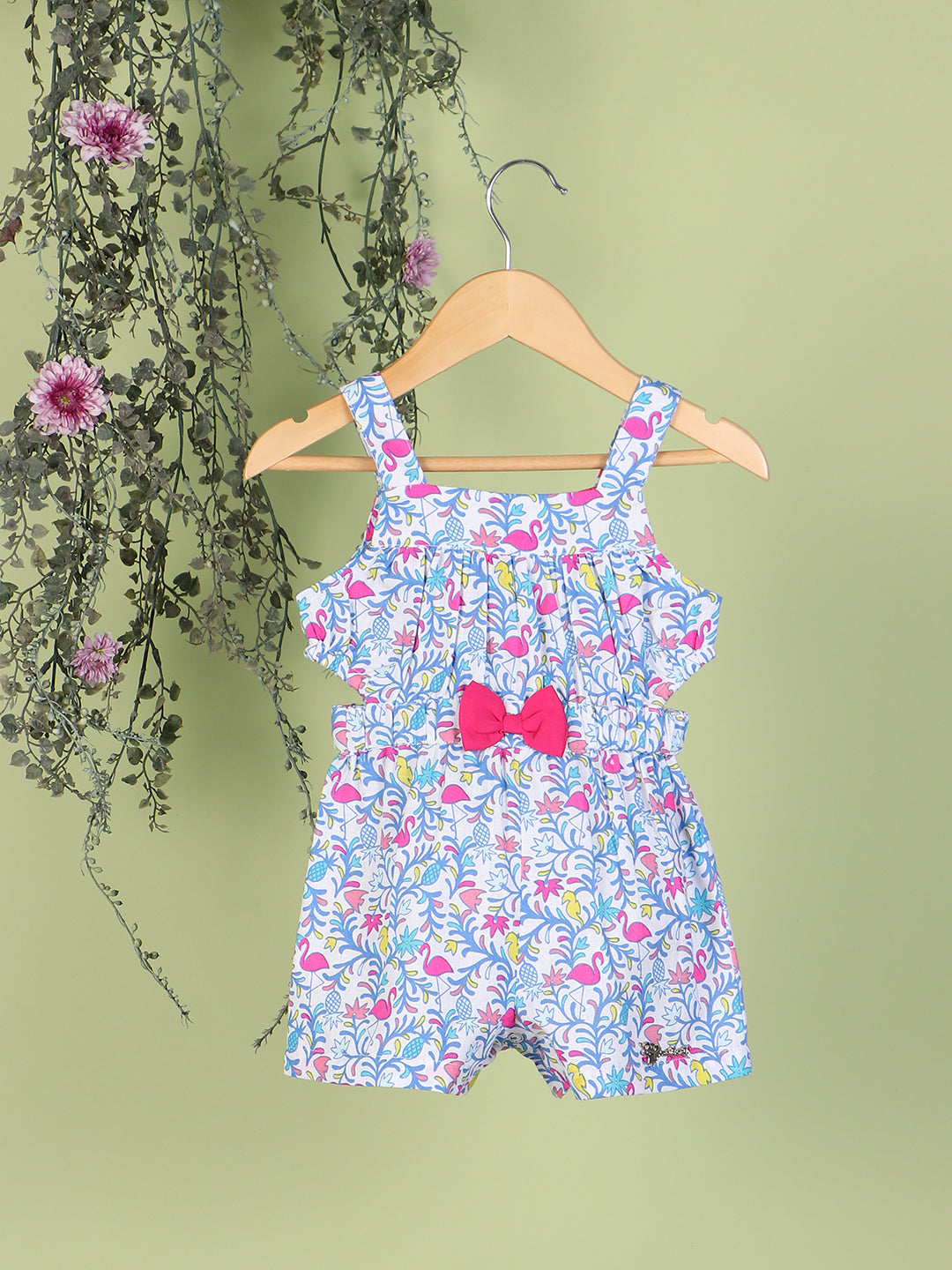 Nautinati Girls Printed Square Neck Bow-Detail Pure Cotton Playsuit