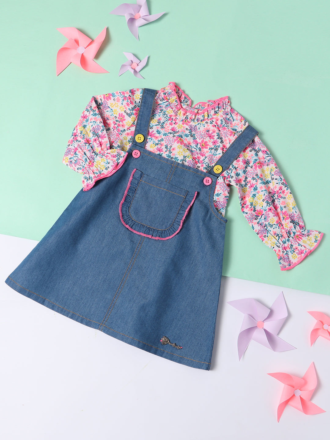 Nautinati Girls Denim Pinafore Dress With Floral Print Top