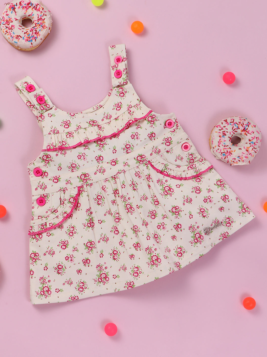 Nautinati Girls Floral Printed Ruffled Pure Cotton Pinafore Dress