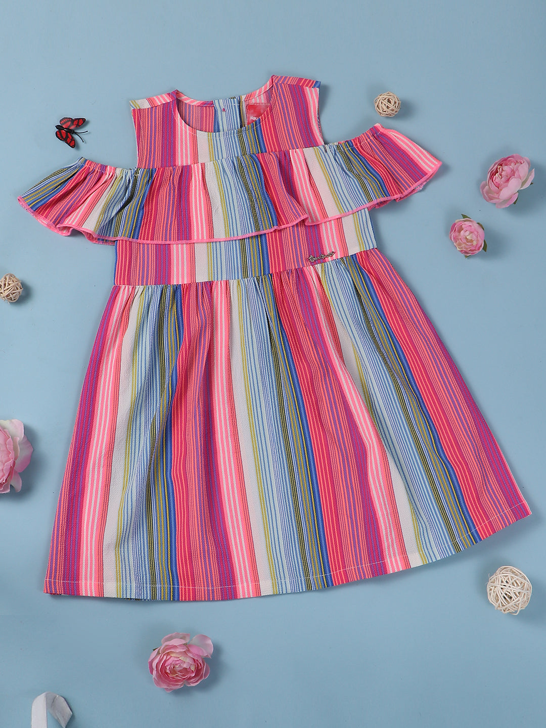 Nautinati Girls Striped Cold-Shoulder Ruffled Crepe A-Line Dress