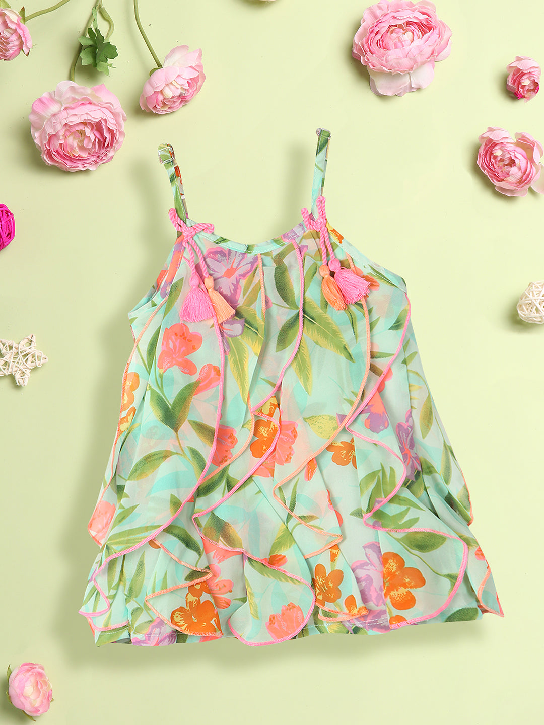 Nautinati Girls Floral Printed Shoulder Straps Ruffled Detailed A-Line Dress