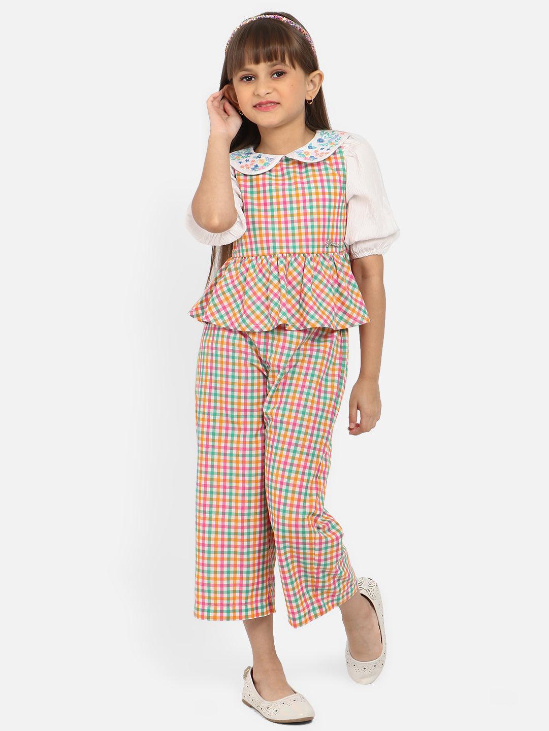 Nautinati Girls Checked Peter Pan Collar Embroidered Top With Trousers