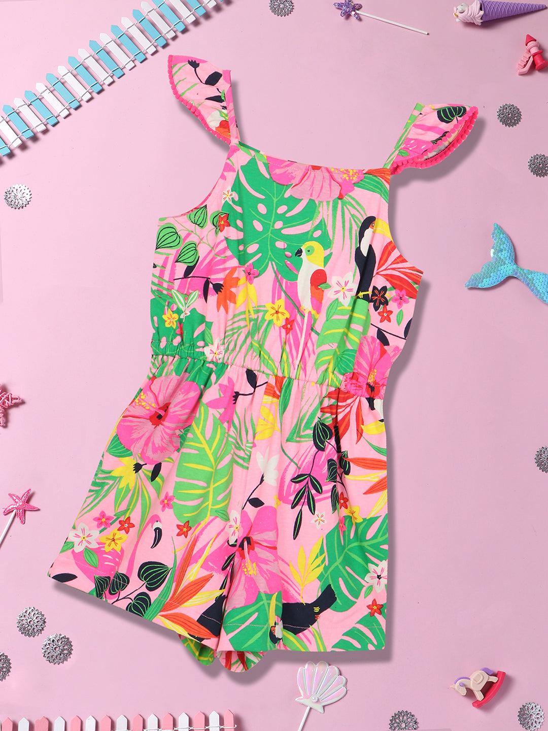 Nautinati Girls Floral Printed Pure Cotton Jumpsuit