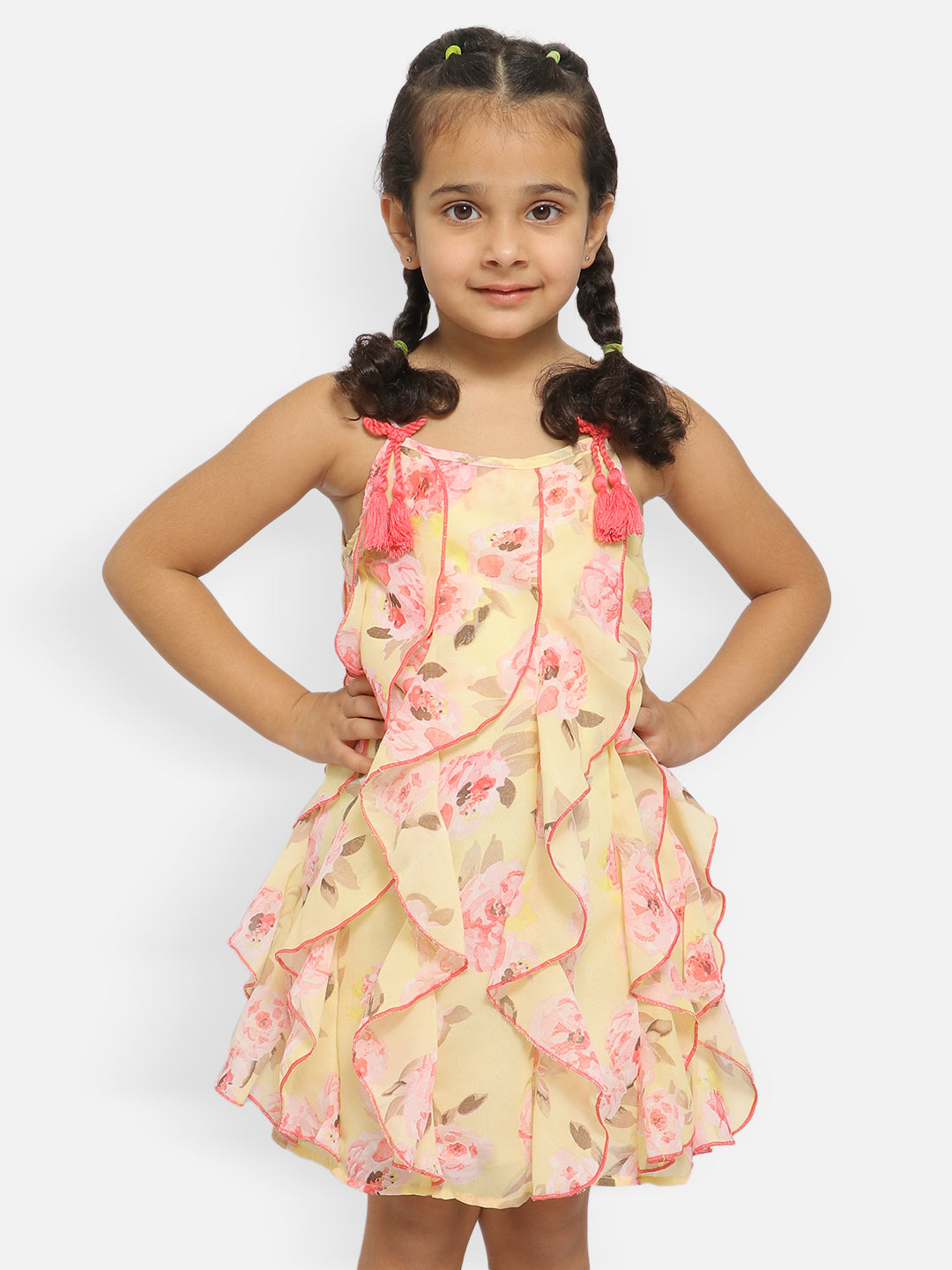 Nautinati Girls Floral Shoulder Stripes Georgette A-Line Dress