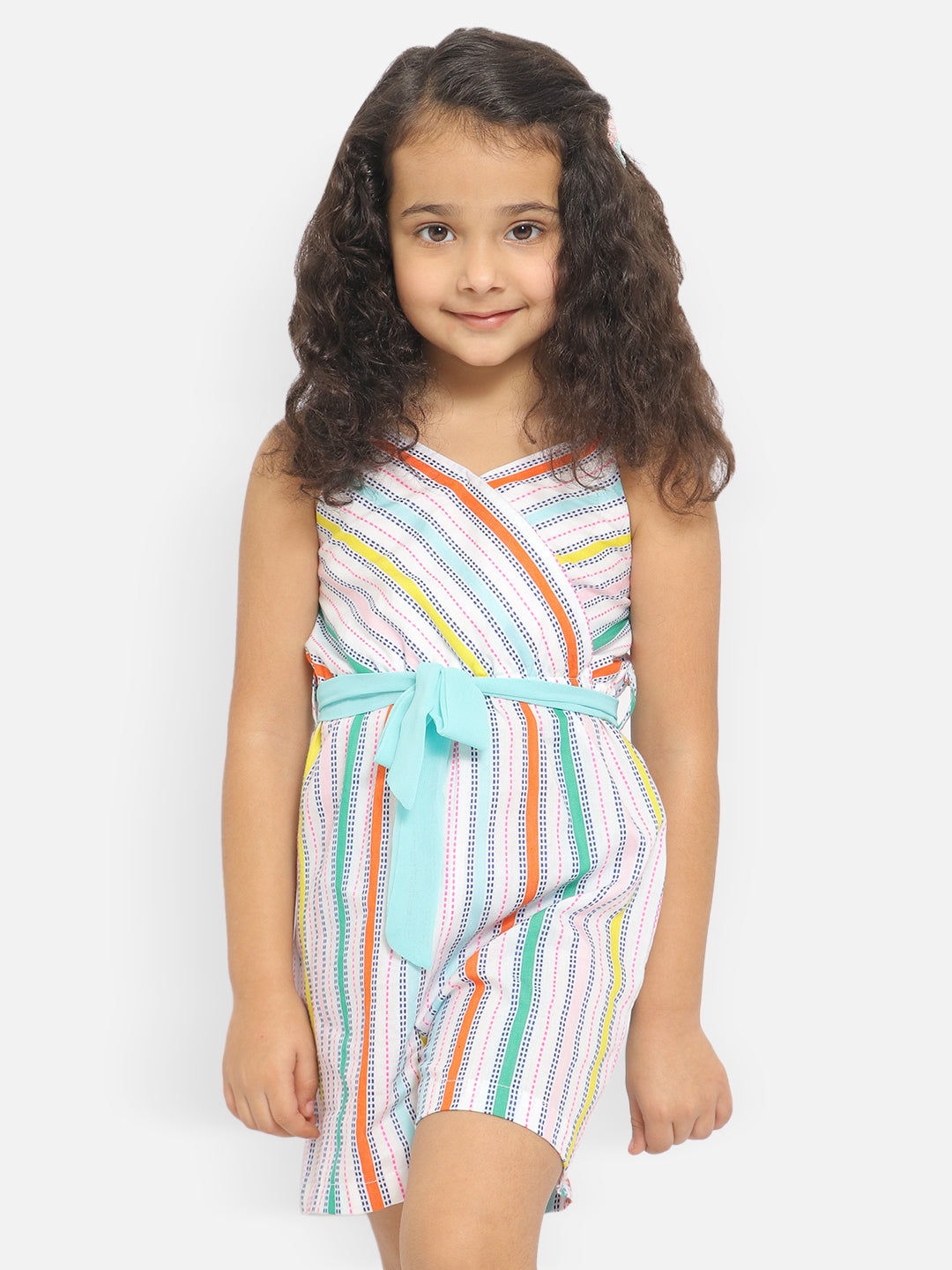 Nautinati Girls Shoulder Strapped Striped Cotton Jumpsuit